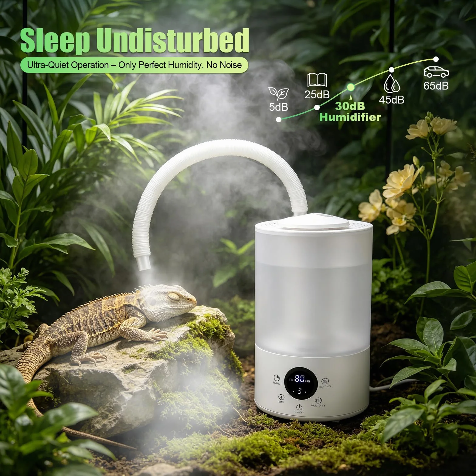 Reptilien Luftbefeuchter 4L Terrarium Vernebler mit Feuchtigkeits-Sensor, Timer, Doppelschlauch Ausziehbarem, Ultraleiser Nebelgerät Großem Nebelmaschine,für Reptilien Amphibien Feuchtigkeitspflanzen