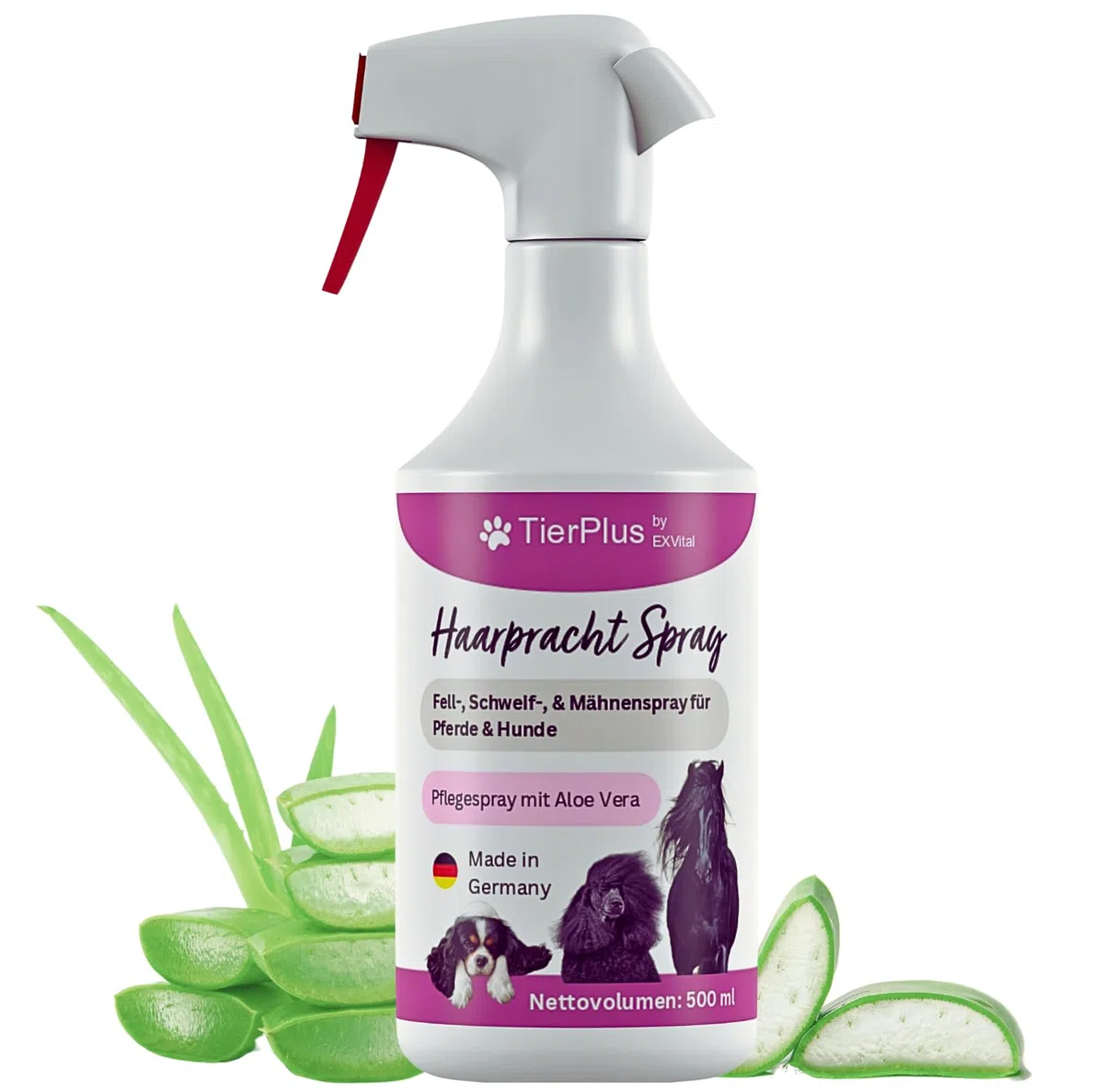 Haarpracht Spray für Pferde & Hunde, 500 ml Sprühflasche, Fell-, Schweif-, & Mähnenspray, Pflegespray für seidigen Glanz, leichte Kämmbarkeit & Entwirrung, natürlich hautschonende Pflege