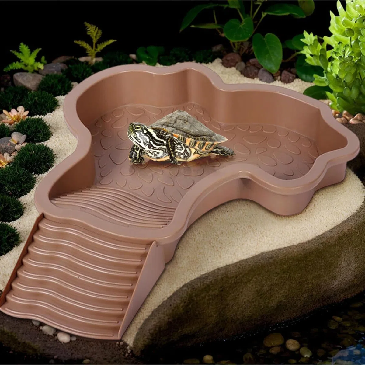 Schildkröten-Badebecken,Haustierbadewanne,mit Anti-Rutsch-Rampe,Großer Raum und Leicht zu Reinigen,Geeignet zum Füttern,Baden und Sonnenbaden für eine Vielzahl von Reptilien (Braunrot)