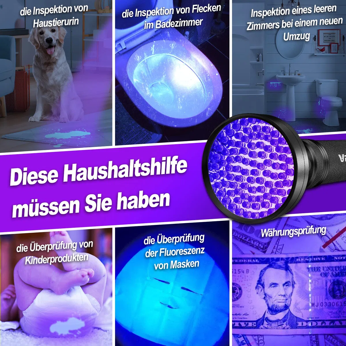 Vansky UV Lampe Schwarzlicht Taschenlampe 395nm: UV Licht mit 100 UV LED Haustiere Urin-Detektor Schwarzlichtlampe für Eingetrocknete Flecken Ihrer Hunde Katzen und Nagetiere auf Teppichen