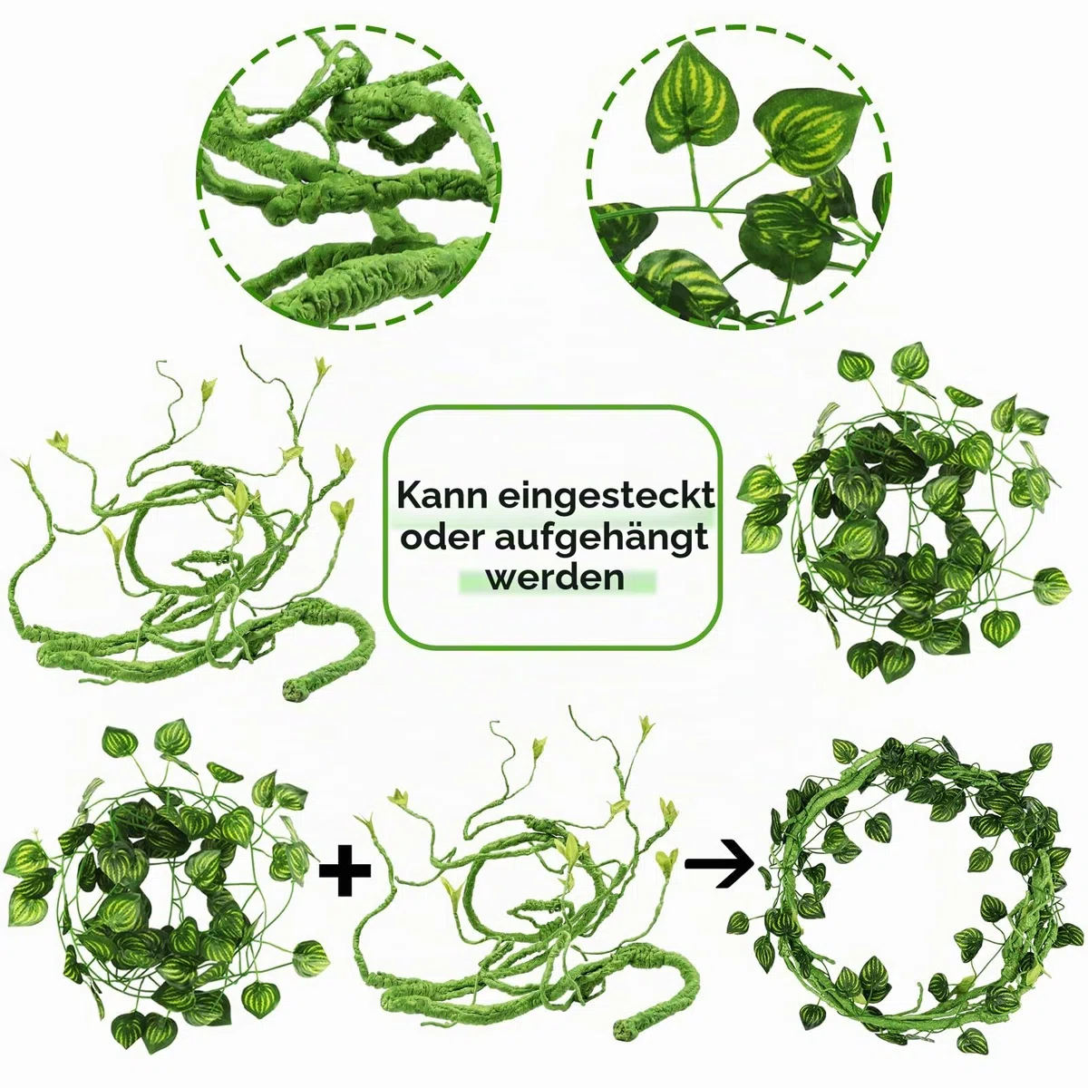 QUOZUO Hängepflanze Terrarium Zubehör, kunstpflanze hängend, Künstliche Pflanzen Reptilien Terrarium Kletterreben Blätter, Chamäleon Terrarium Deko für Eidechsen, Schlangen