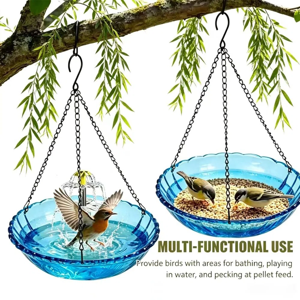 Vogeltränke Hängend mit Solarbrunnen, Wassertränke für Vögel mit Springbrunnen, 3 Stufig Vogeltränke zum Aufhängen, Solar Springbrunnen Vogelbad mit Fließendem Wasser, für Garten Hof Terrasse, Außen