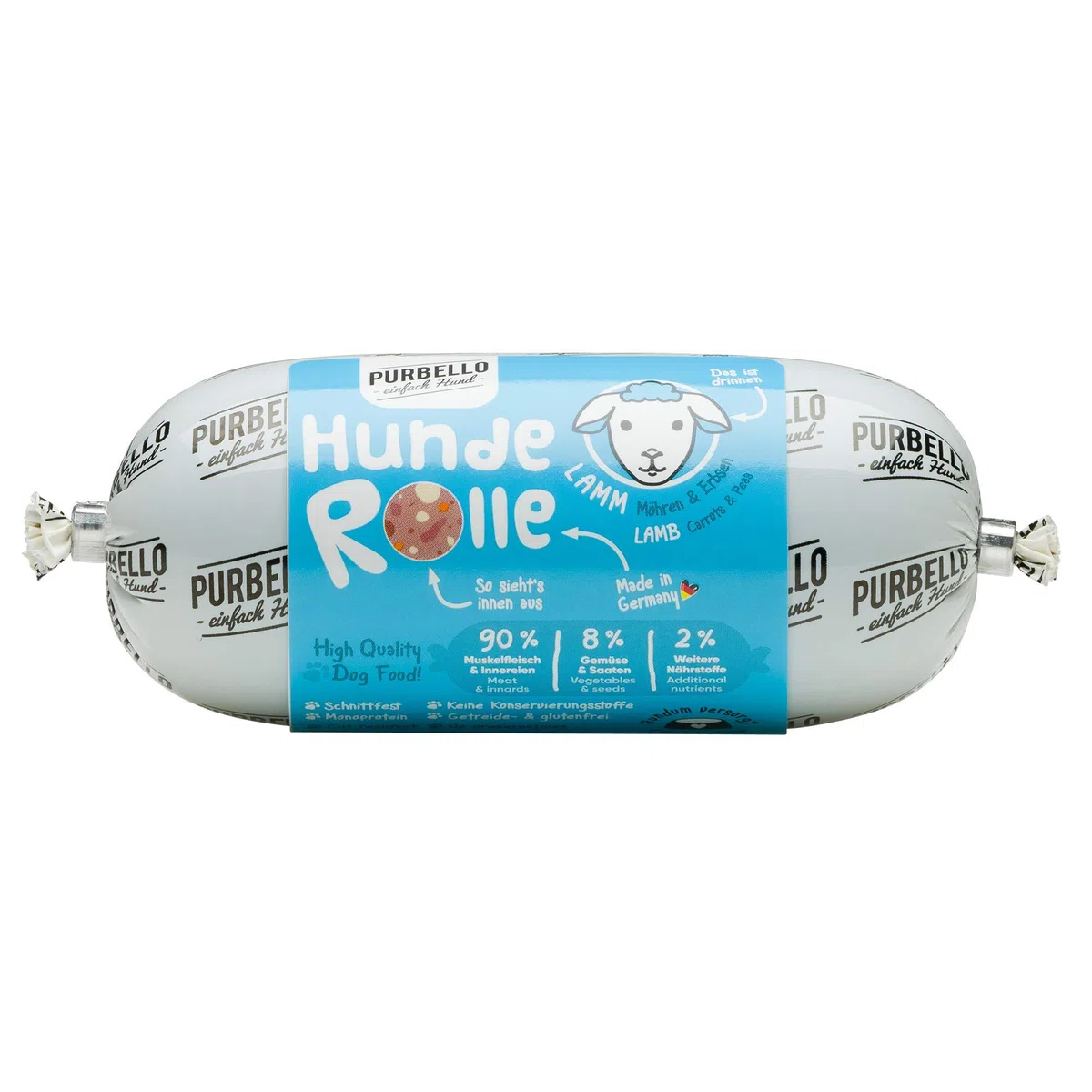 PURBELLO Hunde-Rolle Lamm mit Möhren & Erbsen - Monoprotein Hundefutter mit hohem Fleischanteil - Nassfutter für Hunde - Hundewurst schnittfest & getreidefrei - 8 x 200 g